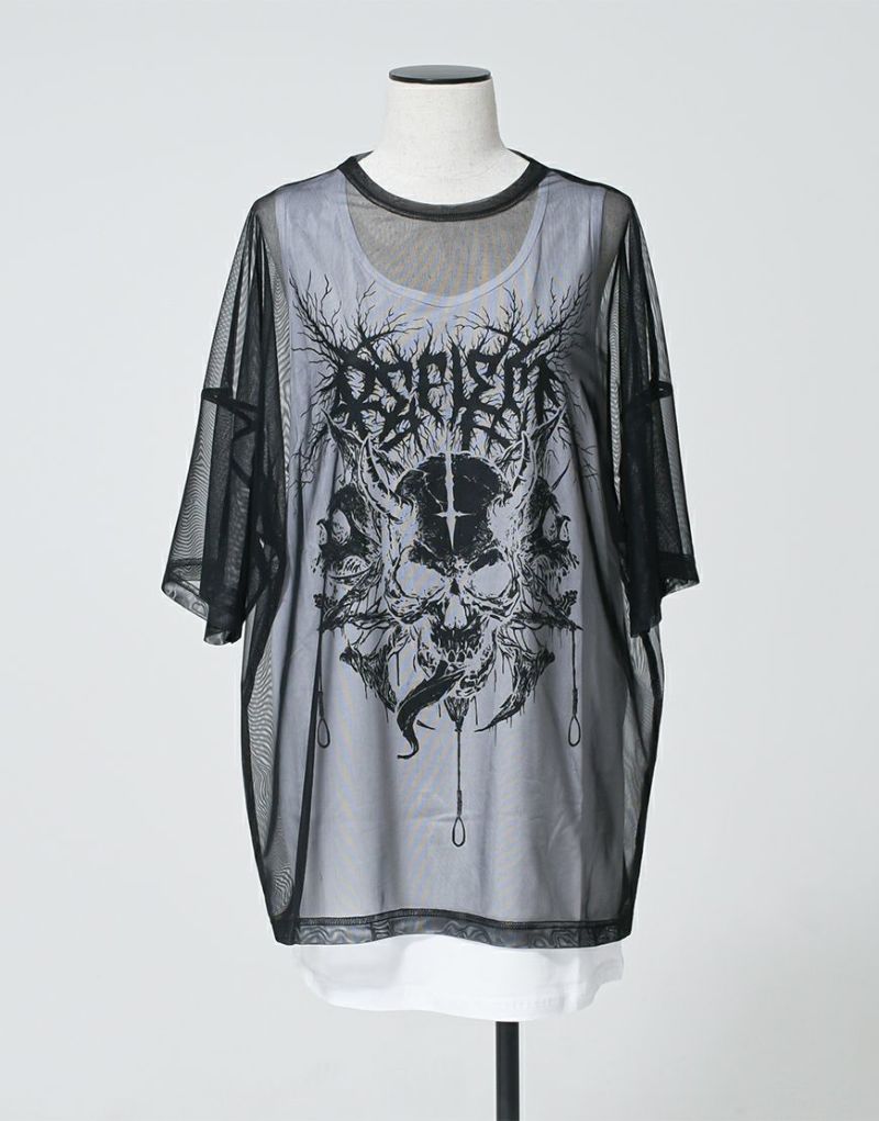 REFLEM【レフレム】シアーメッシュ半袖Tシャツ+スカルプリント