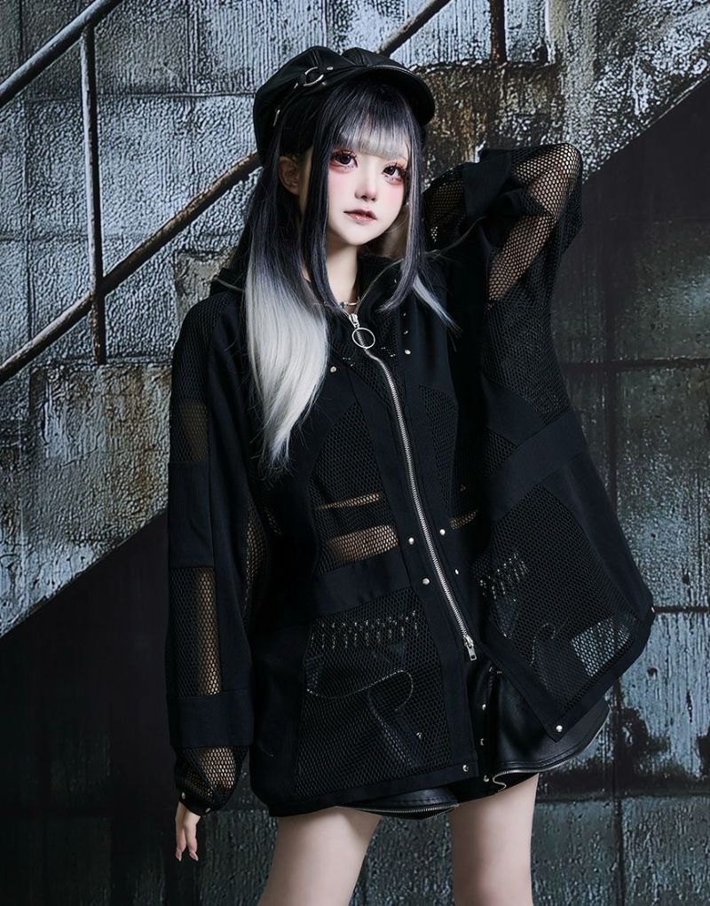 ililil【イルイルイル】Chainmailリブ切り替えメッシュパーカー