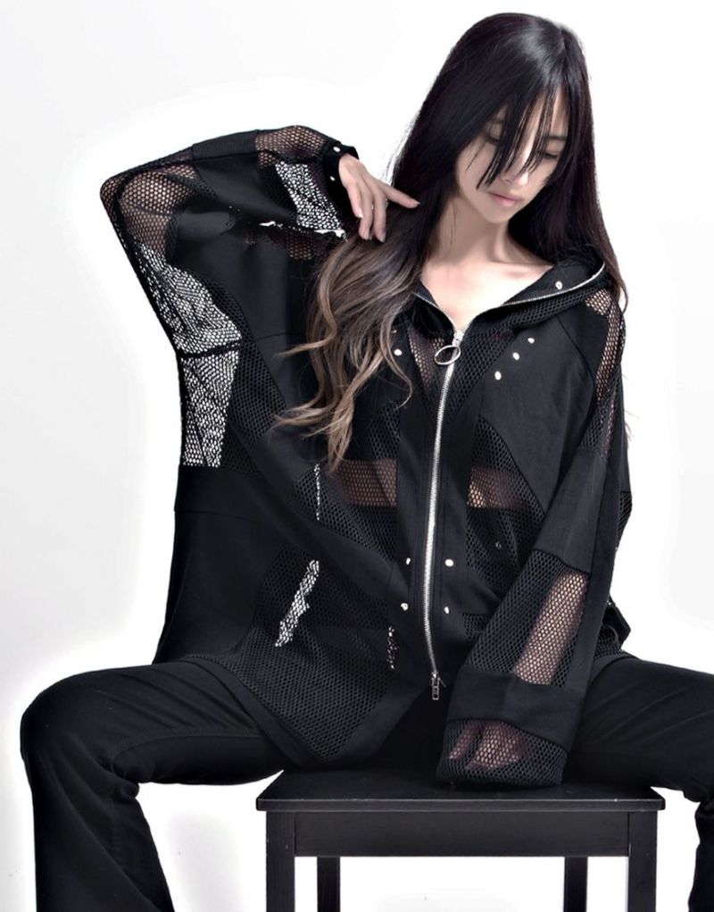 ililil【イルイルイル】Chainmailリブ切り替えメッシュパーカー