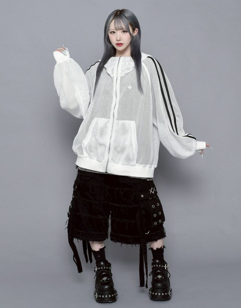 新品　レフレム　袖ラインメッシュジップパーカー　黒　地雷系　サブカル　春夏 REFLEM【レフレム】袖ラインメッシュジップパーカー/全3色