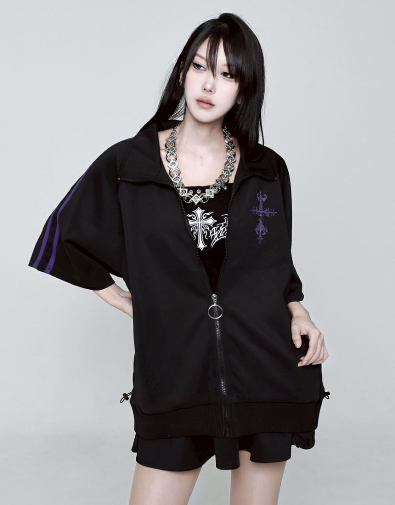 REFLEM【レフレム】シャーリング半袖トラックジャケット　ブラック×パープル REFLEM【レフレム】ベロア刺繍トラックジャケット/全3色