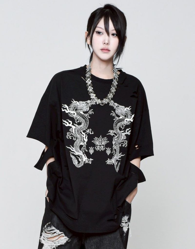 REFLEM【レフレム】ドラゴン刺繍ダメージ半袖Tシャツ/全3色