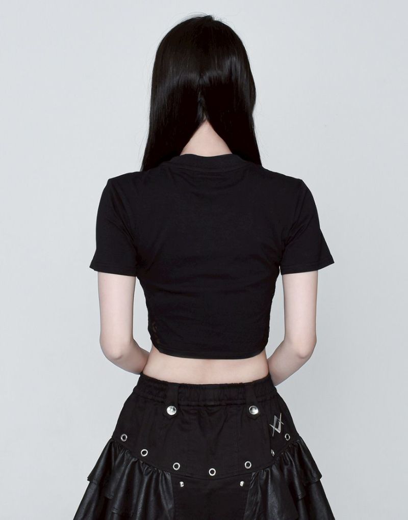 REFLEM メタリックオーバルロゴ切り替えレース切替クロップドTシャツ REFLEM【レフレム】メタリックオーバルロゴ切り替えレース切替