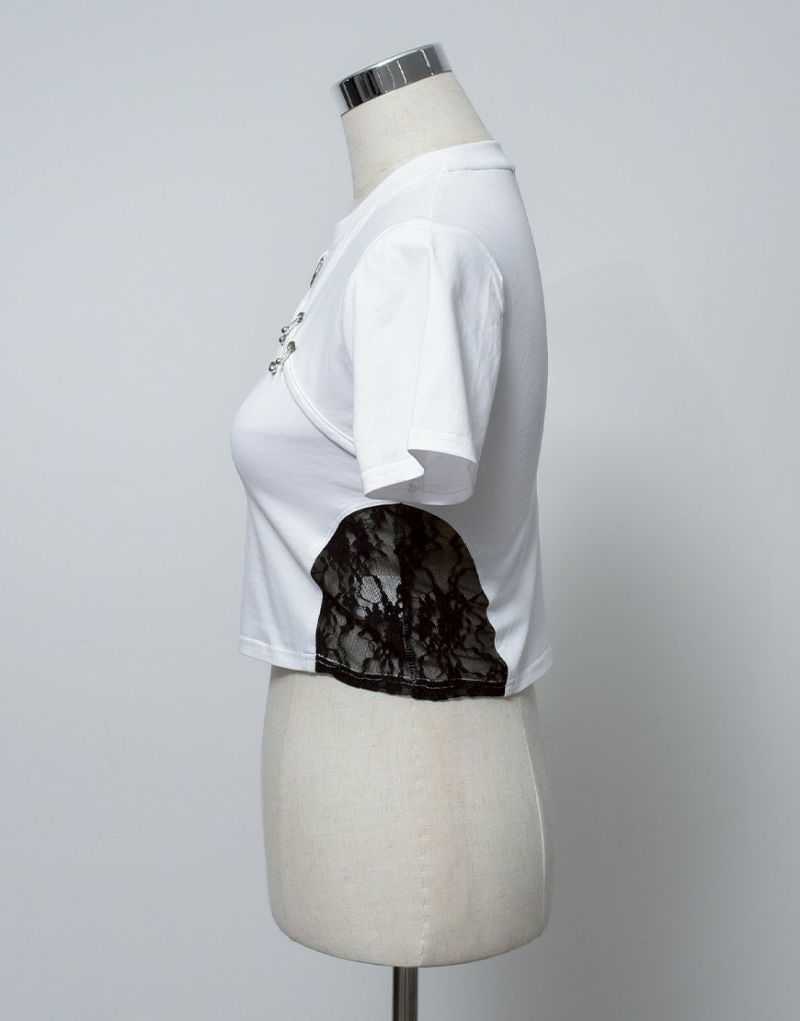 REFLEM メタリックオーバルロゴ切り替えレース切替クロップドTシャツ REFLEM【レフレム】メタリックオーバルロゴ切り替えレース切替