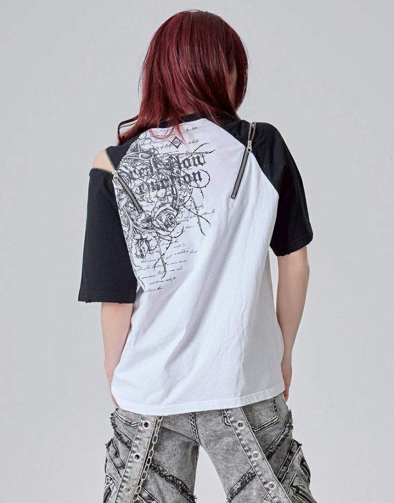 REFLEM【レフレム】ショルダージップ薔薇ラグラン半袖Tシャツ/全2色