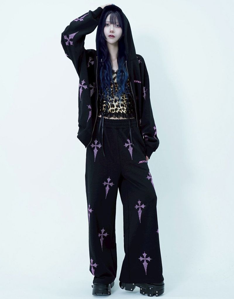 REFLEM【レフレム】ラインストーンクロス総柄長袖ジップアップパーカー