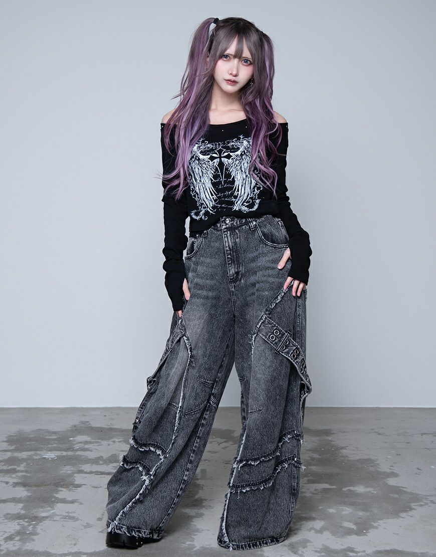た*う様 REFLEM 2024aw ブラックワイドフレアデニム　地雷系 REFLEM【レフレム】バレルレッグベルトワイドデニムパンツ/全2色