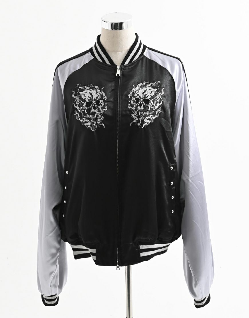 スカル刺繍 スカジャン ブラック・シルバー REFLEM【レフレム】スカル刺繍闇艶スカジャン/全2色
